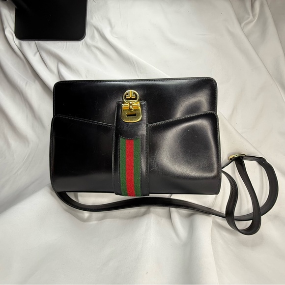 Vintage Gucci 1970’s Sherry Black Leather Shoulder Bag Gld Hdwr Green Red Stripe - Picture 11 of 16